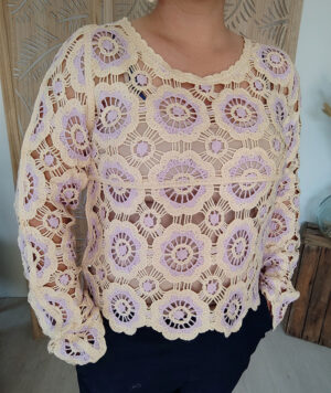 Pull crochet jaune/lilas