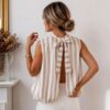 Design sans titre (1) Blouse dos noué rayée beige & blanc