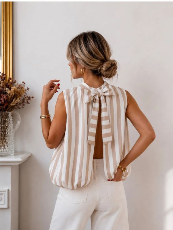 Design sans titre (1) Blouse dos noué rayée beige & blanc