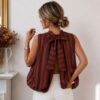 Design sans titre (3) Blouse dos noué rayée beige & blanc
