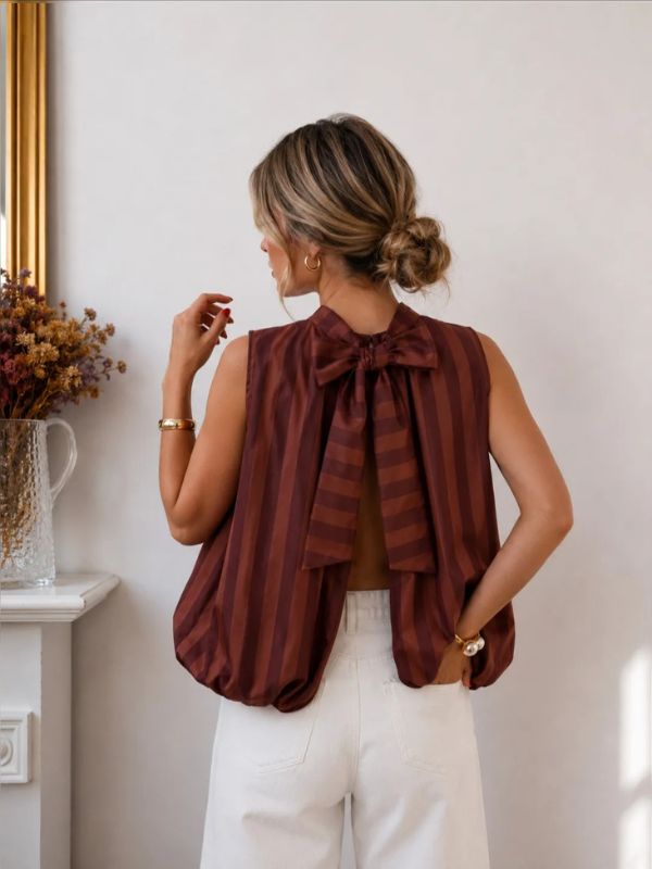 Design sans titre (3) Blouse dos noué rayée beige & blanc