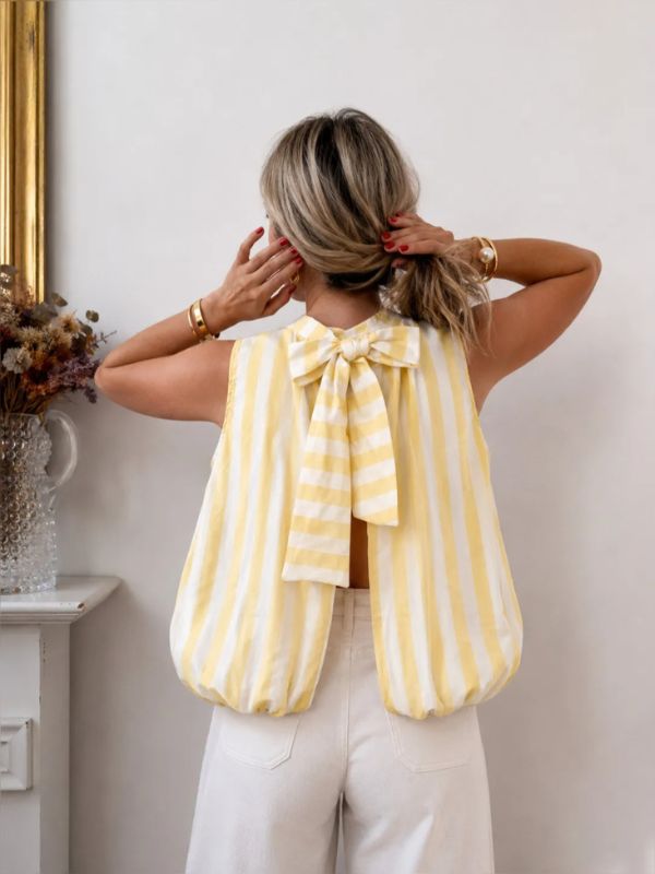 Design sans titre (4) Blouse dos noué rayée beige & blanc