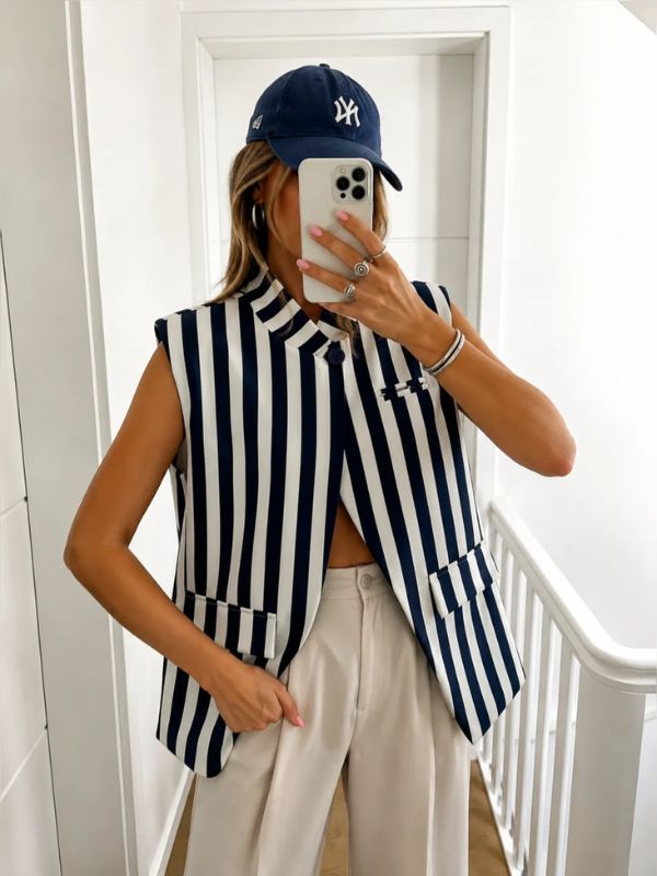 Design sans titre (7) Gilet sans manches rayé chic