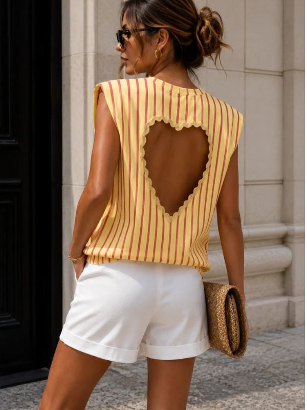 Design sans titre (8) Tee-shirt rayé dos cœur ajouré